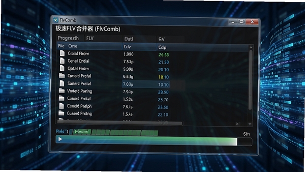 极速FLV合并器（FlvComb）正在高速合并多个FLV文件的过程演示图，界面显示文件列表与进度条，背景为动态的数据流动效果，突显其高效处理能力。