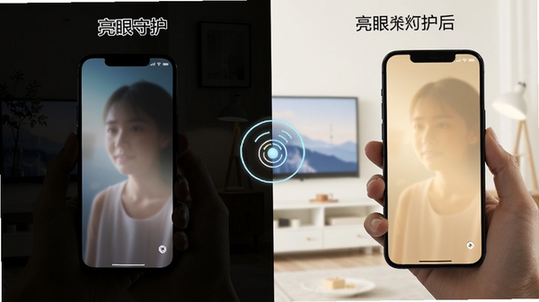 亮眼守护智能光感调节功能演示图，左侧为昏暗室内场景手机屏幕刺眼，右侧为开启亮眼守护后屏幕变暖色调柔和，背景一半暗一半亮，对比鲜明，画面中央有光线传感器图标，风格写实清晰