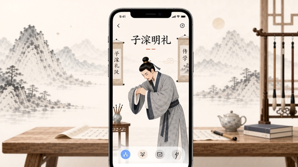 子明礼APP界面预览图，画面主体为手机屏幕展示着古风与现代结合的人物行礼插画，背景是淡雅的水墨山水与简洁的书桌，整体色调柔和，体现传统礼仪与现代科技的结合