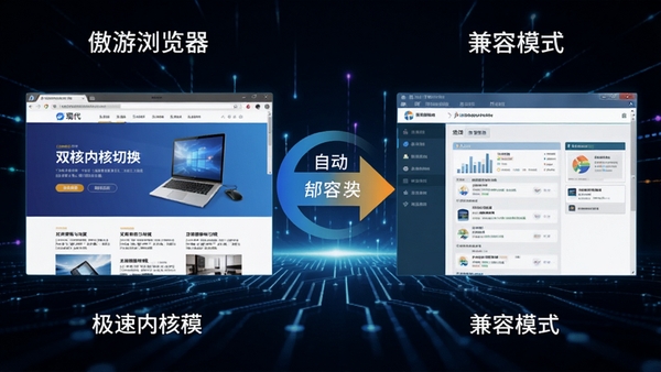 傲游浏览器双核智能切换功能示意图，左侧为极速内核模式加载现代网页，右侧为兼容模式打开企业系统界面，中间有自动切换的箭头图标连接，背景为科技感光效
