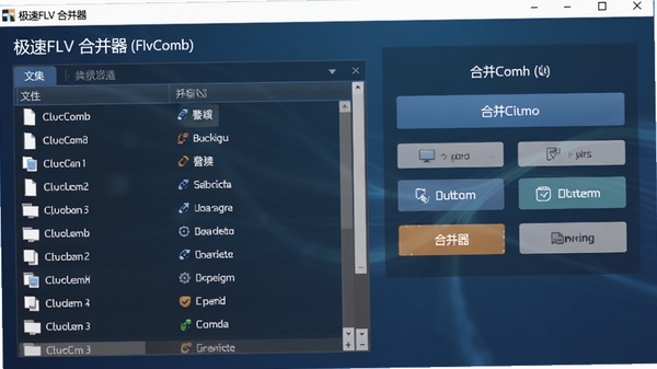 极速FLV合并器（FlvComb）的主界面预览图，展示其简洁清晰的功能布局，左侧为文件列表，右侧为合并操作按钮区域，背景为淡雅的深蓝色渐变，整体风格现代且专业。