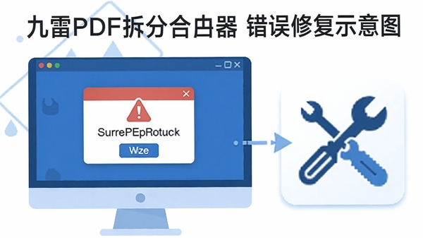 九雷PDF拆分合并器错误修复示意图，显示一个电脑屏幕上有警告弹窗，旁边有修复工具图标，整体风格为扁平化插画，色调以蓝白为主