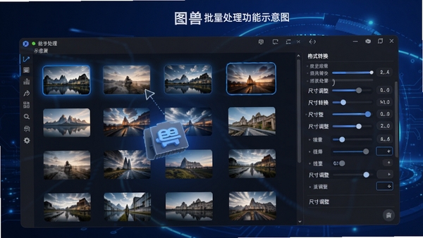 图叫兽批量处理功能示意图，画面展示多张图片缩略图被统一拖入软件界面，右侧显示格式转换与尺寸调整的参数面板，背景为深蓝色科技感渐变，突出高速处理与效率感