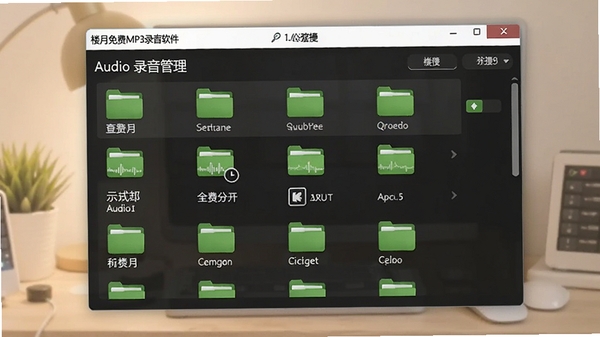 楼月免费MP3录音软件录音完成后的文件管理界面，展示音频列表，绿色文件夹图标，背景柔和，体现软件整理的便捷性。