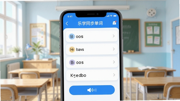 乐学同步单词主界面预览图，展示单词卡片学习模式，背景为明亮的教室风格，前景是手机界面特写，包含单词列表和发音按钮，整体色调以蓝色和白色为主，风格清新简洁，适合教育类应用展示
