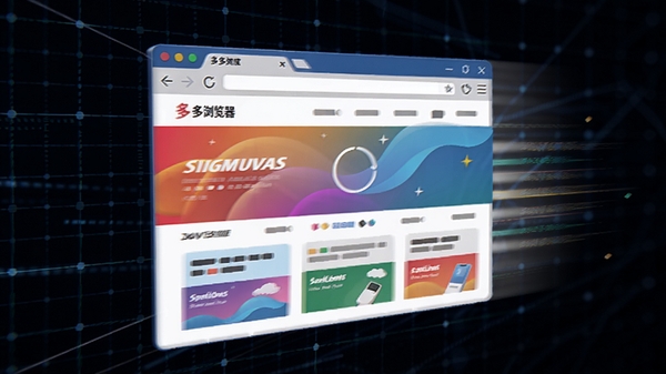 多御浏览器极速加载网页的抽象概念图，画面中一个浏览器窗口正在飞速加载出色彩丰富的网页内容，周围有光线拖尾效果，背景是深色科技感网格，强调速度与效率，高清3D渲染