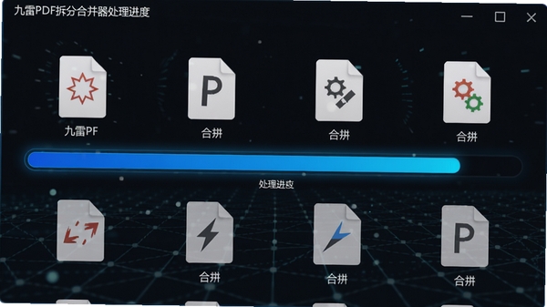九雷PDF拆分合并器处理进度条画面，显示多个文件正在合并，进度条蓝色高亮，背景为科技感网格纹理，整体风格专业且富有动感