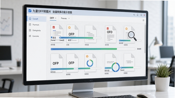 九雷OFD转图片批量转换功能示意图，画面中显示多个OFD文件正在被处理，进度条清晰可见，界面风格简洁现代，突出高效办公的氛围