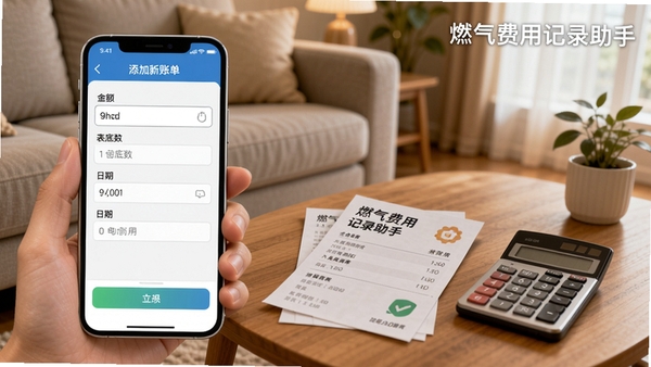 燃气费用记录助手智能录入功能演示图，画面展示手机端添加新账单的界面，包含金额、表底数、日期等输入框，背景为温馨的客厅环境，茶几上放着燃气账单和计算器，软件名称“燃气费用记录助手”以水印形式出现在右上角，画面清晰，光线柔和，适合Boogu模型生成。