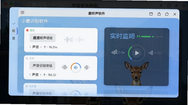 小鹿听声软件主界面预览图,显示声音识别卡片列表和实时监听状态,背景为淡蓝色渐变,界面元素清晰,适合软件下载站展示