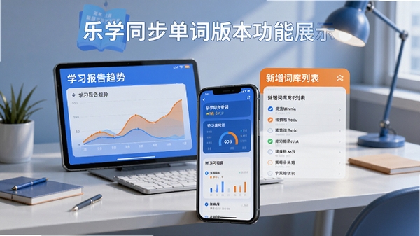 乐学同步单词新版本功能展示图，展示学习报告趋势图和新增词库列表，背景为现代简约风格书桌，前景是手机屏幕显示数据图表和词汇列表，色调以蓝色和橙色为主，清晰展示更新内容