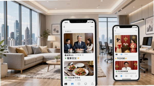 子明礼软件功能展示图，画面展示手机中不同社交场景的礼仪教学模块，包括餐桌礼仪、商务会面、节日问候等，背景为现代城市客厅与办公室的融合，色彩明亮清晰