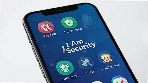 一张智能手机屏幕显示I Am Security主界面的高清图片，界面清晰展示病毒扫描、隐私保护、垃圾清理等核心功能图标，背景为深蓝色科技感渐变，整体风格简洁现代，画面中心突出软件名称I Am Security，光线明亮，细节丰富，适合软件下载站展示