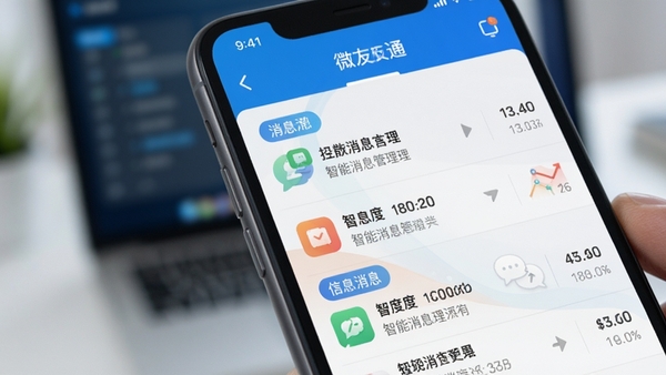 微友通智能消息管理功能界面特写，手机屏幕中展示分类清晰的消息列表，背景虚化，突出信息聚合的便捷性，画面风格现代简洁