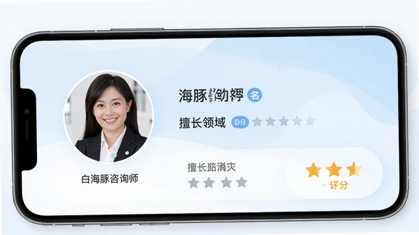 白海豚咨询师app的咨询师展示页面，界面设计简洁清晰，展示咨询师头像、名字、擅长领域与评分，背景为浅蓝色渐变，突出专业与信任感