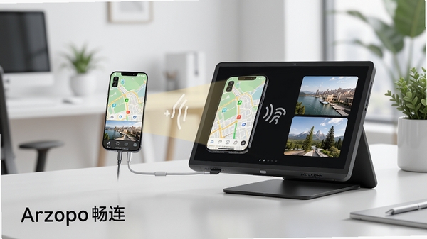 一张现代简约风格的办公室场景,画面中央是一台Arzopa便携显示器,屏幕正无线投射着智能手机上的高清地图与照片,手机与屏幕之间用柔和的光线连接示意,背景是模糊的办公桌与绿植,整体色调明亮干净,突出Arzopa畅连的无线投屏核心功能,画面左下角有Arzopa畅连字样,4k高清,产品渲染风格