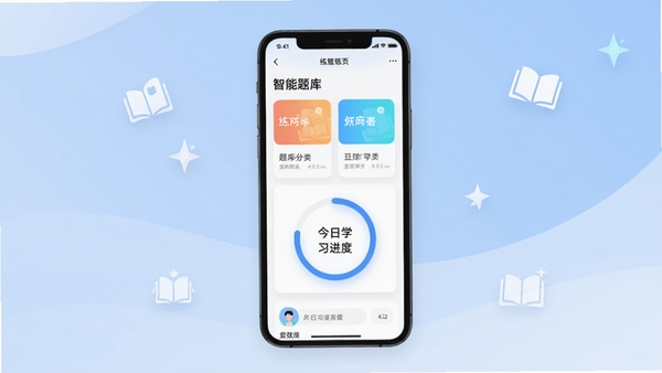 练答APP主界面预览图，画面中央展示手机屏幕内练答的智能练习首页，包含清晰的题库分类卡片与今日学习进度环，背景为柔和的浅蓝色渐变，搭配简约的白色学习图标，整体风格现代清新，突出高效学习氛围