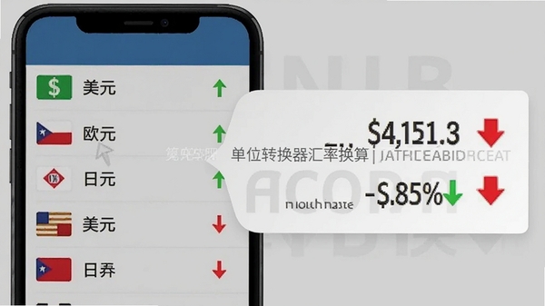 单位转换器汇率换算界面图,手机屏幕显示美元、欧元、日元等货币列表,点击某一货币后弹出换算结果,界面有绿色上涨和红色下跌的小箭头图标,背景为淡灰色,整体商务风格,带单位转换器软件名称水印。