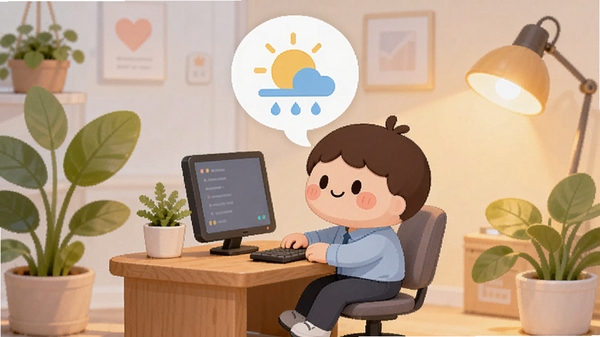 上班快乐软件的心情记录功能页面，一个卡通人物坐在办公桌前，头顶有心情晴雨表图标，周围环绕着绿色植物和温暖灯光，画面色彩柔和，传递出轻松治愈的氛围，突出情绪管理特色，适合作为功能说明配图。