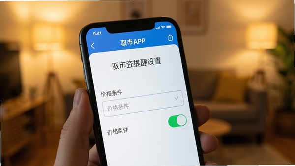 手机屏幕上显示驭市APP的提醒设置界面，有价格条件输入框和开关按钮，背景为模糊的室内环境，暖色调，突出功能设置的便捷性，画面清晰