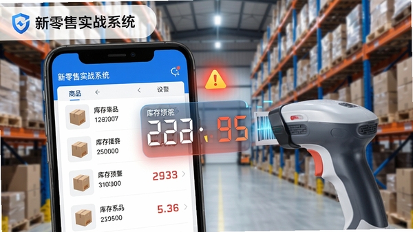 新零售实战系统进销存功能截图,手机界面显示商品列表与库存预警提示,背景是仓库货架与扫码枪,画面突出库存数字变化与预警图标,颜色以蓝白为主,科技感十足,包含“新零售实战系统”logo
