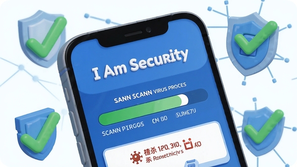 一幅展示I Am Security病毒扫描过程的插画，手机屏幕显示扫描进度条和已查杀病毒数量，背景有盾牌和绿色对勾图标，整体风格明亮清晰，突出软件名称I Am Security，画面细节丰富，色彩鲜明