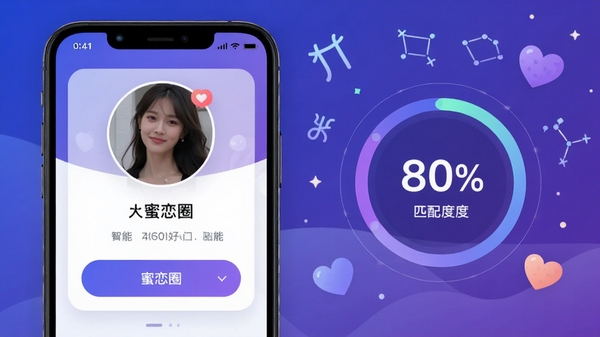 蜜恋圈APP的智能匹配功能界面预览图，画面左侧为个人资料卡片，右侧为匹配度百分比圆环，背景搭配星座符号和爱心元素，色彩以蓝紫渐变为主，风格现代简约，突出数据算法感，同时保持社交软件的温馨氛围