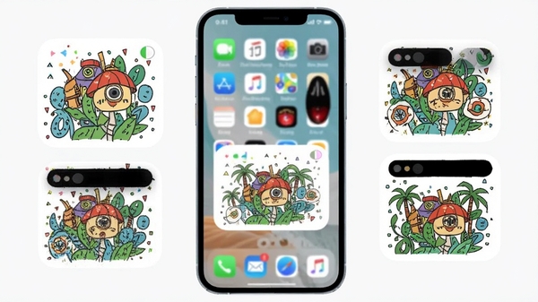 绘涂小组件桌面组件效果图，展示多款不同尺寸和风格的填色作品作为手机桌面小组件的实际效果，画面主体为手机桌面，背景简洁，突出小组件与桌面图标的协调搭配，色彩和谐，视觉清爽。