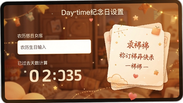 倒计日历Daystime纪念日设置页面，显示农历生日输入框和已过去天数的计算结果，界面带有温馨的祝福卡片元素，背景为暖色系，营造出记录重要日子的仪式感，数字展示清晰明确