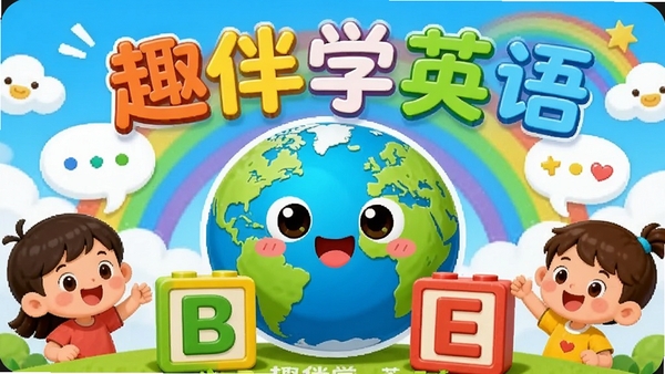 一幅色彩明亮的卡通风格插画,画面中央是一个可爱的卡通地球和英文字母积木,周围环绕着快乐的孩子和对话气泡,背景是蓝天白云和彩虹,整体风格活泼童趣,突出“趣伴学英语”的快乐学习理念,画面中隐约出现“趣伴学英语”字样,适合作为儿童教育软件宣传图。