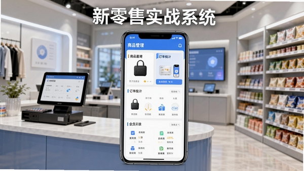 新零售实战系统主界面展示图,画面中央是手机屏幕,屏幕内显示商品管理、订单统计、会员列表等核心功能模块,背景是现代化的实体门店收银台与货架,整体风格明亮清晰,突出数字化零售管理场景,画面包含软件名称“新零售实战系统”字样