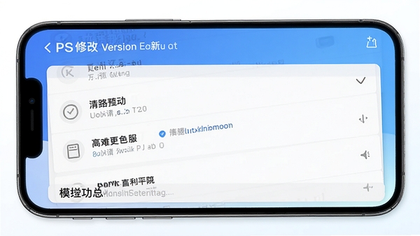 模拟位置PS修改更新日志界面，手机屏幕上显示版本更新内容列表，背景为蓝色渐变色，画面简洁大方，突出新增功能，细节丰富