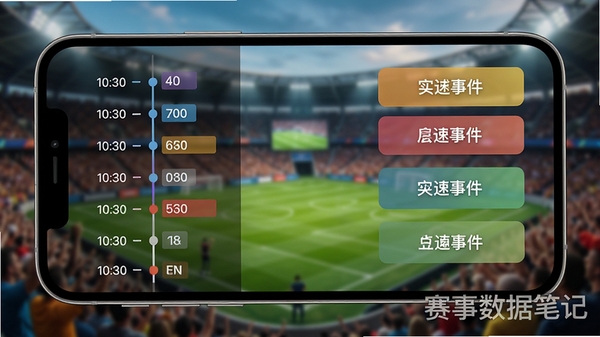 赛事数据笔记实时比分记录功能演示图,画面显示手机横屏界面,左侧为比赛时间轴,右侧为快速事件按钮,背景为模糊的体育场馆实景,色彩鲜明,突出操作便捷性,画面包含赛事数据笔记水印字样。
