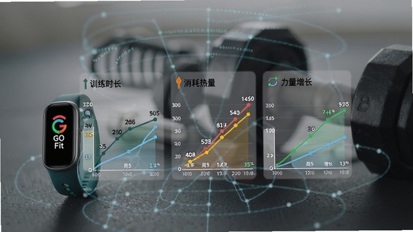 GeFit数据统计图表界面，展示训练时长、消耗热量和力量增长曲线，背景为运动手环与哑铃，突出数据分析功能
