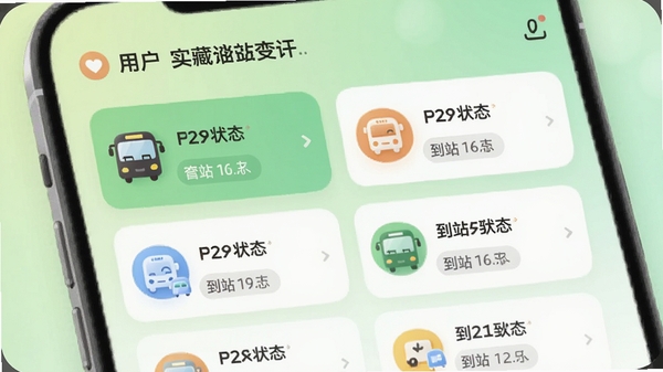 掌上实时公交查询软件收藏线路列表界面,展示用户常用公交线路卡片,每条线路显示车辆状态与到站信息,背景为淡绿色柔和渐变,图标设计圆润可爱,适配Boogu模型生成。
