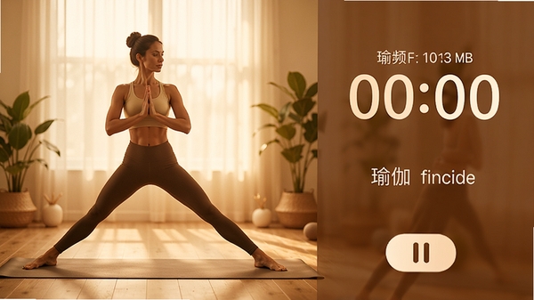 瑜伽每日课程高清视频跟练界面，画面左侧是教练示范瑜伽动作，右侧有倒计时和体式名称，下方有暂停按钮，整体色调温暖，给人沉浸式体验