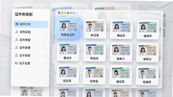 电子证件个人助手智能分类界面,左侧边栏显示证件类别列表,右侧展示网格状证件缩略图,图标下方标注证件名称,背景采用浅灰色质感纹理,突出卡片浮层效果