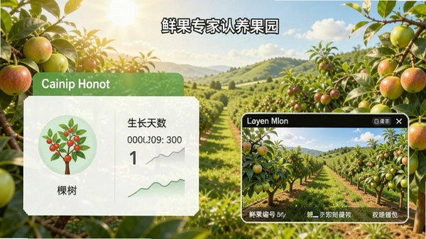 鲜果专家认养果园界面,显示果树编号和生长天数,配有实时监控画面,背景是阳光果园,充满生机