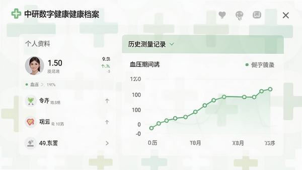 中研数字健康健康档案界面,展示个人资料与历史测量记录列表,包含血压曲线图,界面以白色和浅绿色为主,卡片式布局,数据清晰,背景为淡雅医疗十字图案,整体风格专业且亲和,适配Boogu模型生成