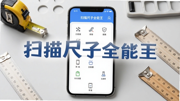扫描尺子全能王主界面预览图，手机屏幕显示测量功能选项，背景为简洁的浅灰色工作台，周围有卷尺、直尺等测量工具，画面主体突出软件名称“扫描尺子全能王”，光线明亮，细节清晰