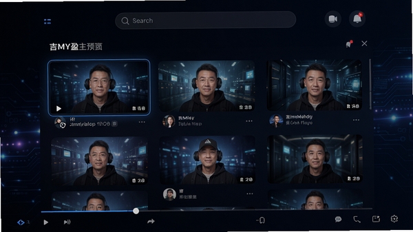 吉米盈主界面预览图，画面中央是视频列表，背景为深色科技感渐变，顶部有搜索栏，整体风格简洁现代，突出播放器核心功能