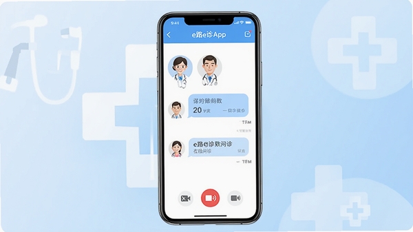 生成一幅展示e路e诊App核心功能的预览图,画面中央是一部智能手机,屏幕显示e路e诊的在线问诊界面,有医生头像、对话气泡和视频通话图标。背景是简洁的医疗十字标志和柔和蓝色渐变,整体风格专业、干净,突出互联网医疗的便捷性。