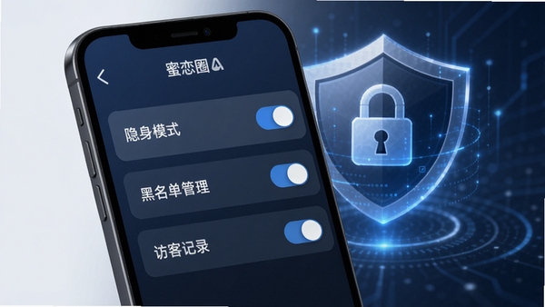 蜜恋圈APP的隐私安全设置界面示意图，画面展示手机屏幕上的隐私设置选项列表，包括“隐身模式”、“黑名单管理”、“访客记录”等开关，背景为盾牌与锁的图标，整体色调为深蓝与灰色，风格科技感强，突出安全可靠的特点