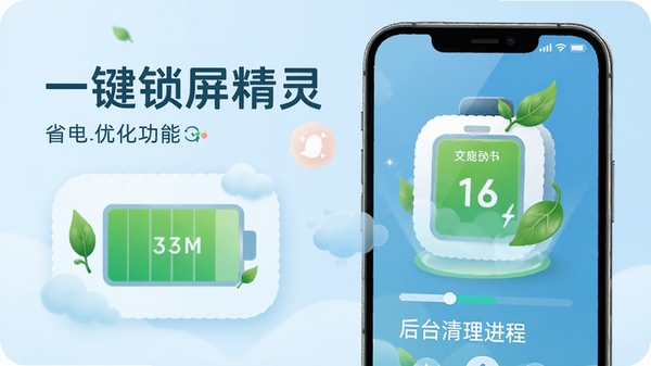 一键锁屏精灵省电优化功能示意图，手机屏幕显示电池电量图表和后台清理进程的动画效果，画面风格清新自然，电量图标带有节能绿叶元素，背景为浅蓝色，突出软件名称一键锁屏精灵，整体传达节能环保理念