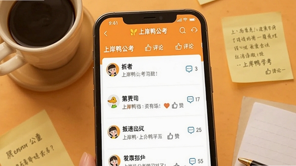 展示上岸鸭公考学习社区界面，画面为手机屏幕显示帖子列表，有用户头像和点赞评论图标，背景为温暖的橙色色调，搭配咖啡杯和便签纸，营造轻松交流的学习氛围，必须包含上岸鸭公考字样