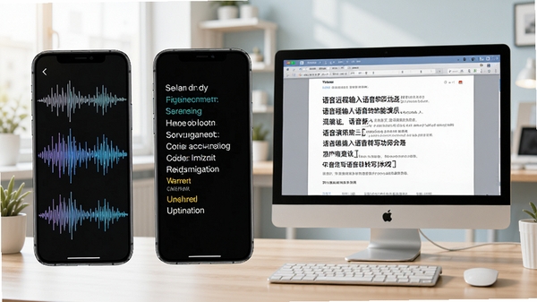 语音远程输入语音转写功能演示，手机端显示声波动态与文字流，电脑端文档中不断出现新文字，背景为办公场景，强调高效准确，画面中文字清晰可辨，整体色调明亮。