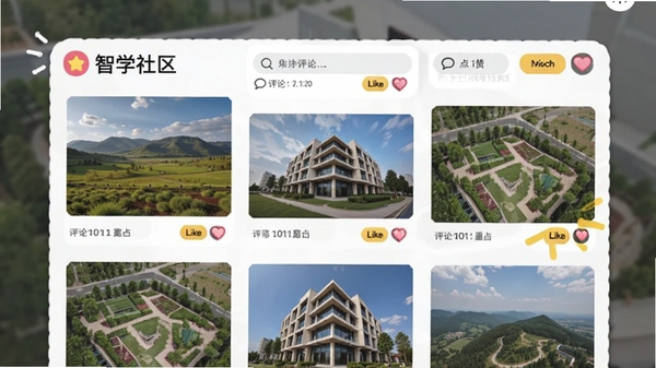 无人机航拍智学社区界面,展示用户作品瀑布流,包含风景、建筑等航拍照片,界面风格活泼,有评论与点赞按钮,背景为模糊的社区背景