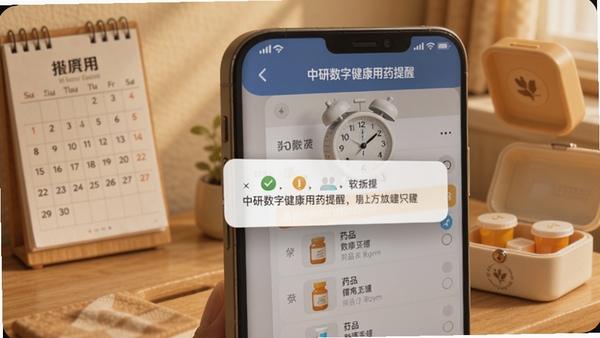 中研数字健康用药提醒界面,手机展示闹钟与药品列表,背景为暖色系家居环境,有日历与药盒元素,界面温馨,提醒弹窗清晰,画面细腻,适配Boogu模型生成