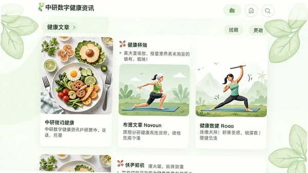 中研数字健康资讯页面,展示健康文章列表,配有食物与运动插图,界面采用清新绿色调,卡片式信息流,图片明亮,背景淡雅,适配Boogu模型生成