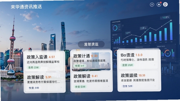 来华通资讯推送页面，展示政策解读文章卡片，背景为城市地标与数据图表，风格专业简洁，适配Boogu模型生成